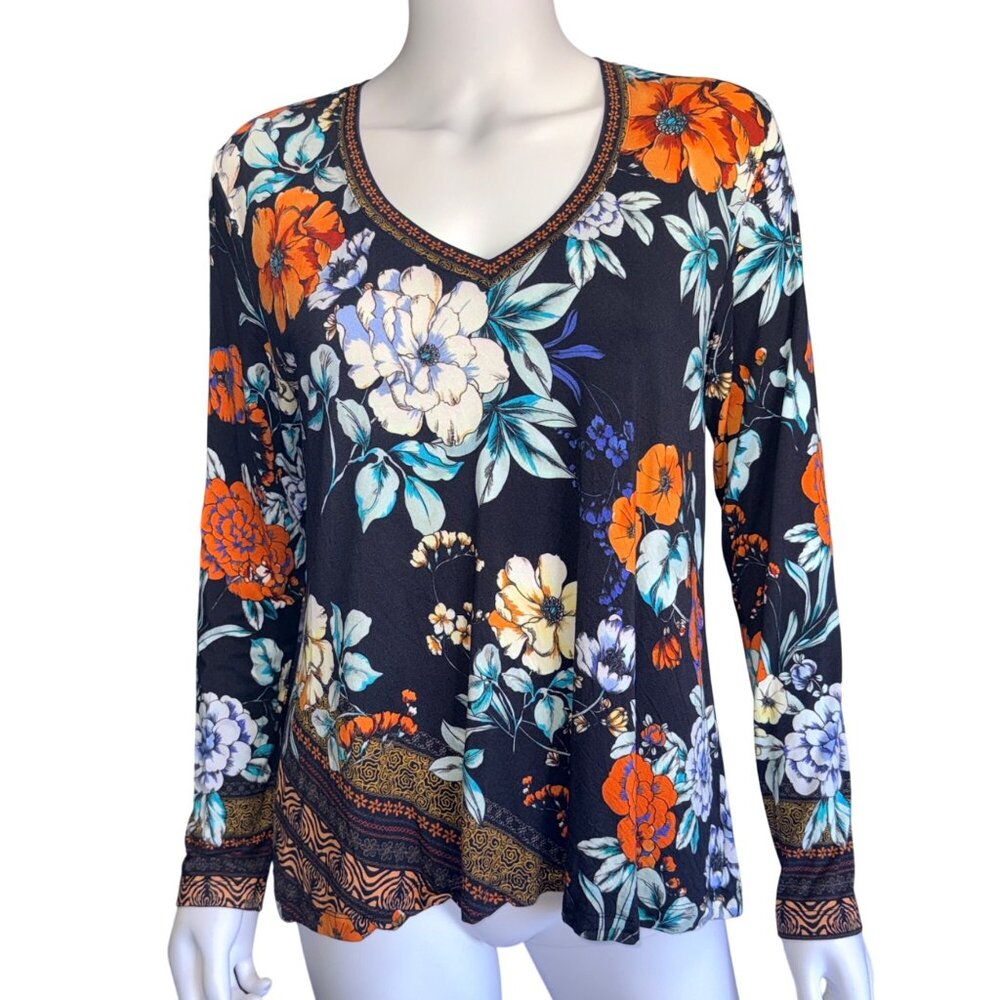 Johnny Was Golden Spring Favorite Long Sleeve V-Neck Swing Tee Bamboo Small